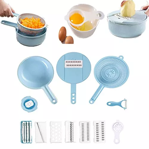 12Pcs Sets Multi-Function Vegetable Slicer,Onion Mincer Chopper, Vegetable Chopper, Cutter, Dicer, Egg Slicer with Container,Hand Guard and Container (Blue)