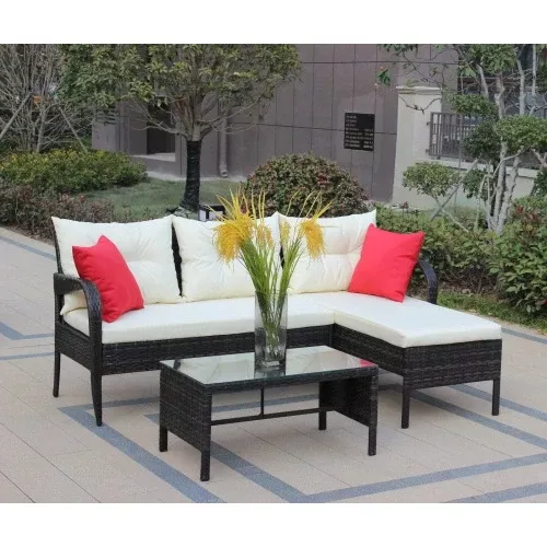 3-piece Conversation set Wicker Rattan Sectional Sofa With Beige Cushions
