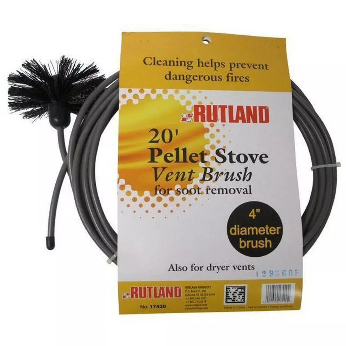 4″ Pellet stove vent pipe cleaning kit by Rutland (4″ Brush with 20′ Flex Handle): 17420