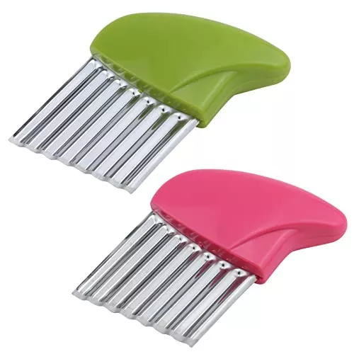Antrader Stainless Steel Potato Carrot Chip Vegetable Crinkle Wavy Chopper Cutter French Fry Slicer 2 Pack/Set (Green+Pink)