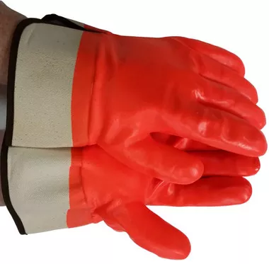 Orange PVC coated gloves with foam lining and safety cuff - Men"s Size Only