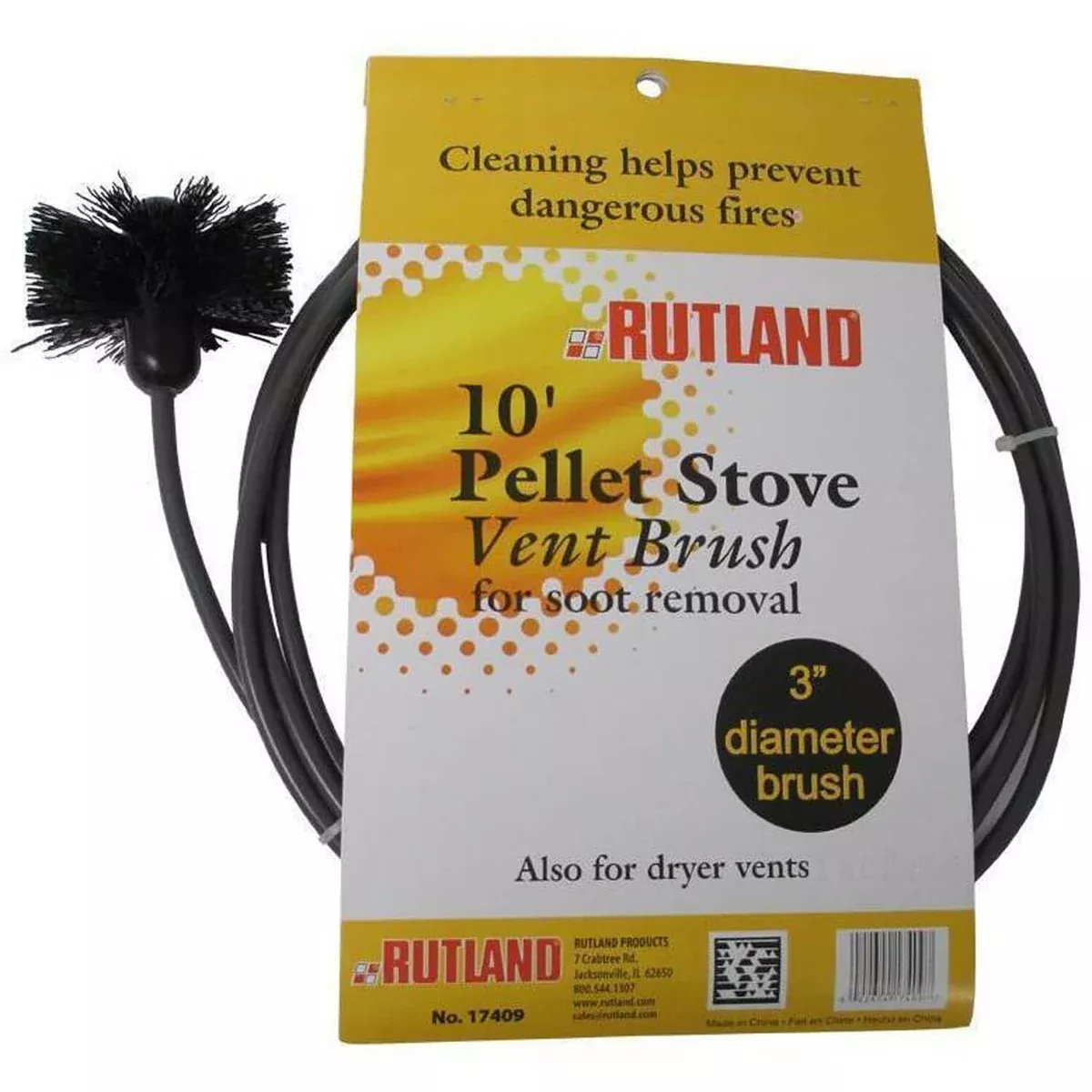 Pellet stove vent pipe cleaning kit by Rutland (3″ Brush With 10′ Flex Handle): 17409