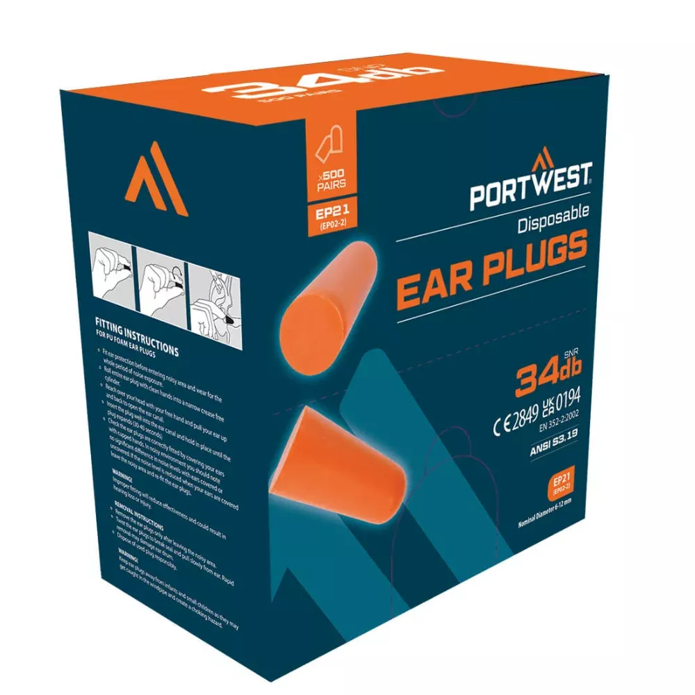PORTWEST Disposable Foam Ear Plug Bulk Pack 500 Pairs – Orange EP21
