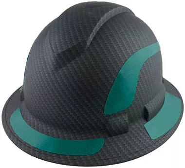 Pyramex Ridgeline Full Brim Hard Hat Matte Black Graphite Pattern with Green Reflective Decals Applied