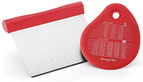 Spring Chef – Bench Scraper, Stainless Steel Nut, Pie, Pastry, Pizza and Dough Cutter, Kitchen Essential for Cleaning Counters, Includes Bowl Scraper for Curved Surfaces, Red