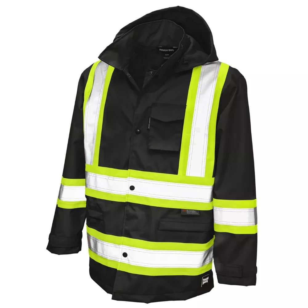 Tough Duck Ripstop Safety Rain Jacket with Quick Release Hoodie – S372