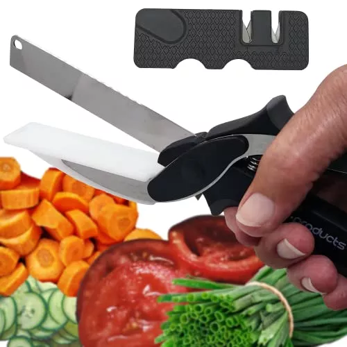 Vegetable Slicer Kitchen Cutter Salad Scissors – 2 in 1 Cutting Board Knife – Plus Blade Sharpener – Salad Chopper Food Cutting Scissors – Easy Cut Smart Cutter – A Clever Gift